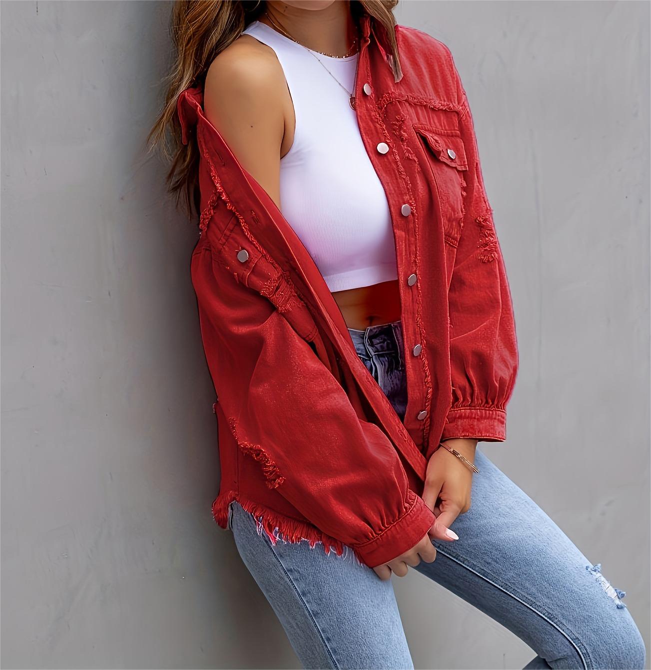 Solid Ripped Long Sleeve Denim Jacket