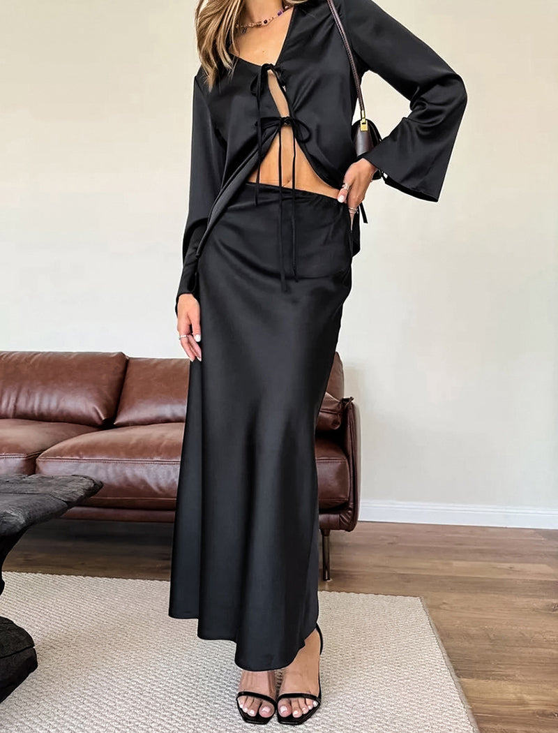 Tie-Front Bell Sleeve Top and Maxi Skirt Set