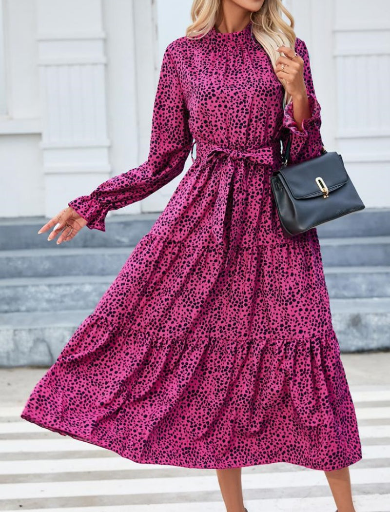 Printed Belted Maxi Dress with Long Sleeves