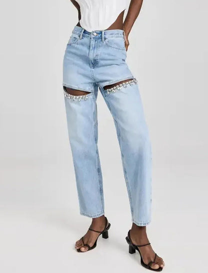 Cutout Rhinestone Straight-Leg Jeans