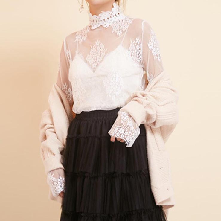 Sheer Floral Lace Long-Sleeve Top