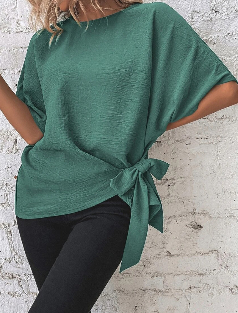 Solid Batwing Sleeve Knot Hem Loose Top