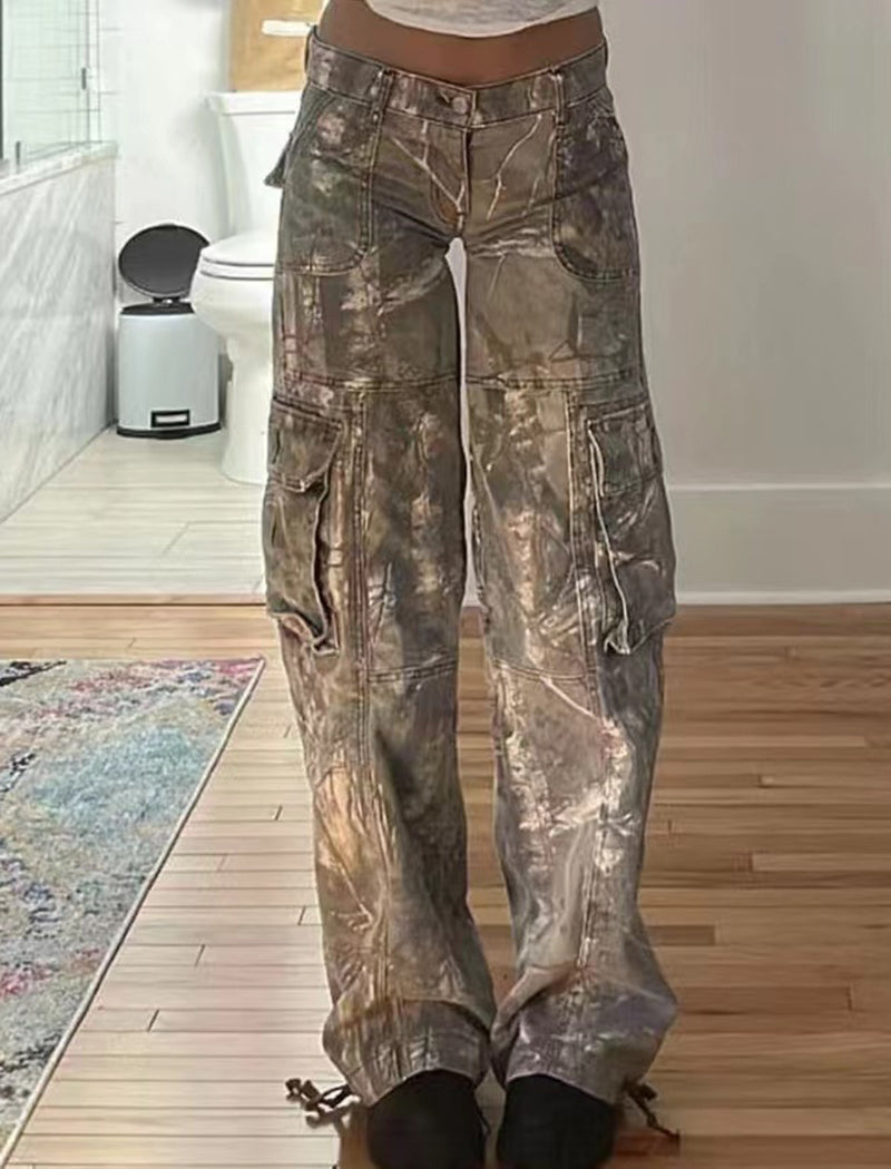 Metallic Wide-Leg Cargo Pants with Pockets