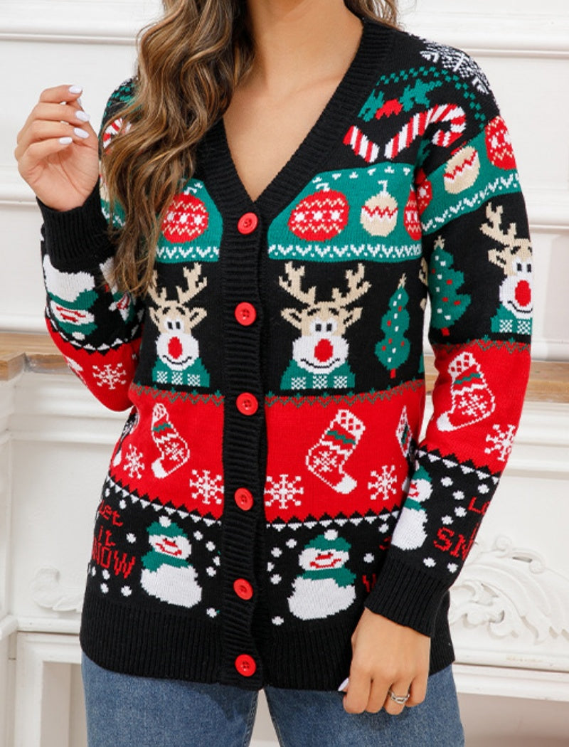 V-Neck Christmas Jacquard Cardigan