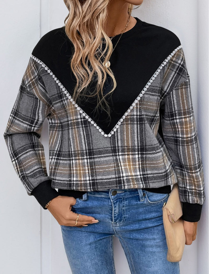 Plaid-Panel Round Neck Top