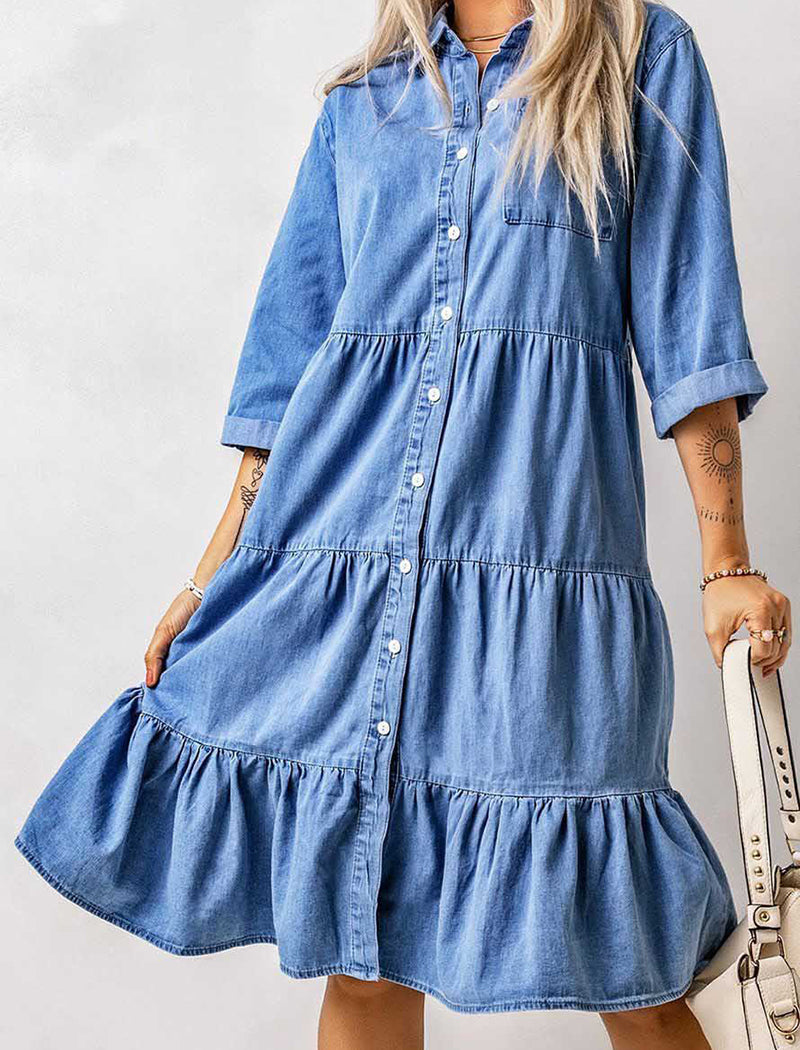 Tiered Button-Up Denim Mini Dress