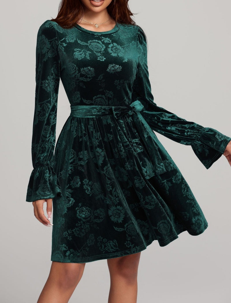 Floral Embossed Long Sleeve Fit-and-Flare Dress