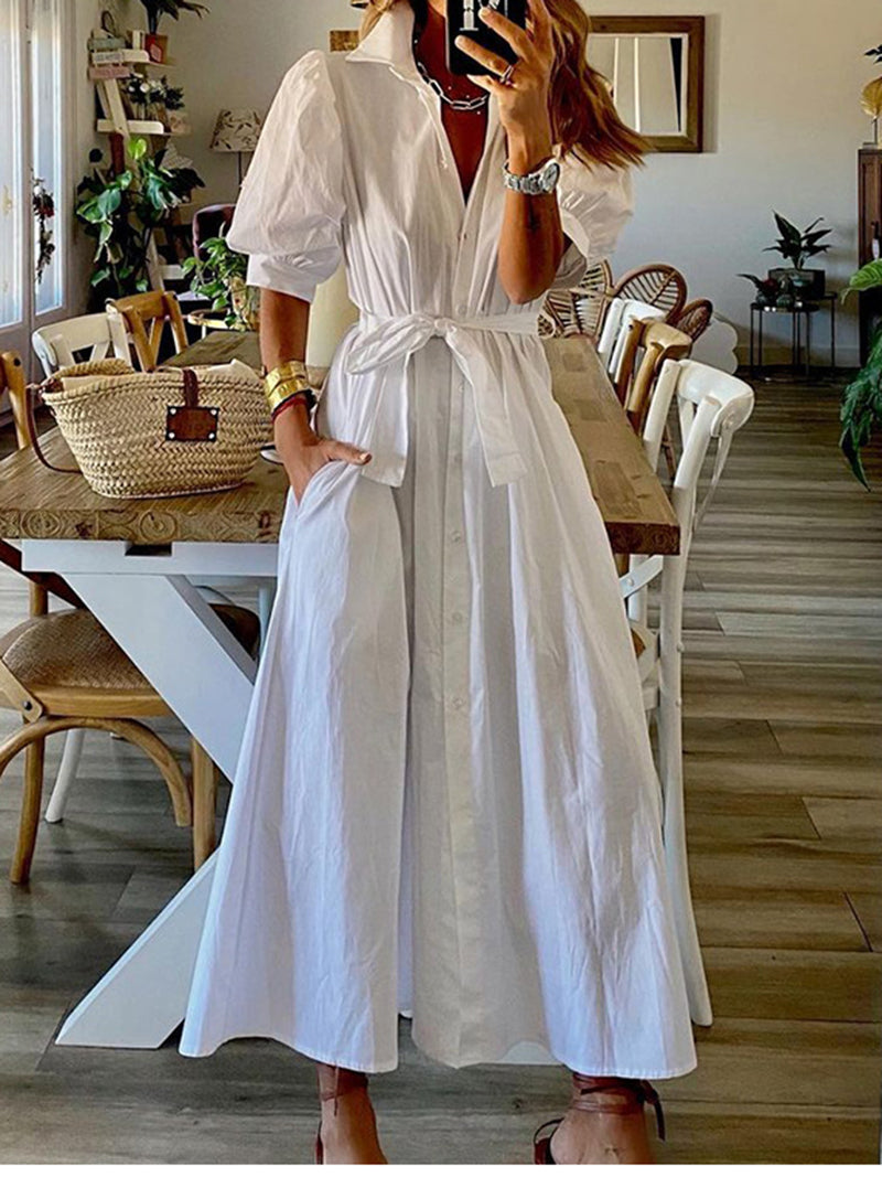 Puff Sleeve Belted Maxi Dress