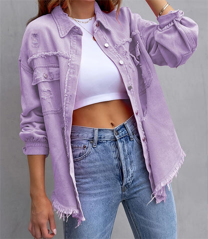 Solid Mid-Length Ripped Denim Jacket