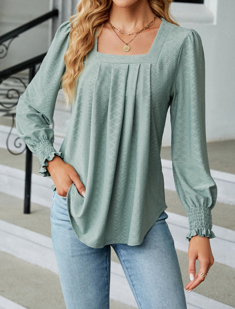 Jacquard Pleated Square Neck Long Sleeve Top