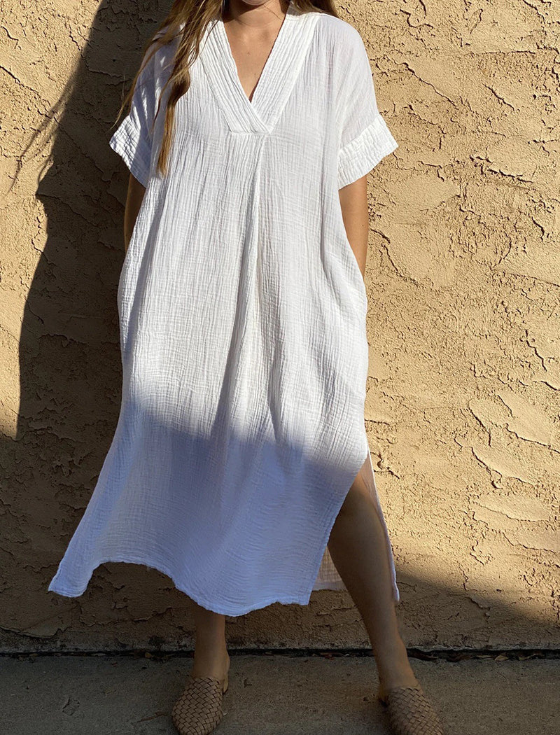 Oversized Short-Sleeve Midi Kaftan Dress