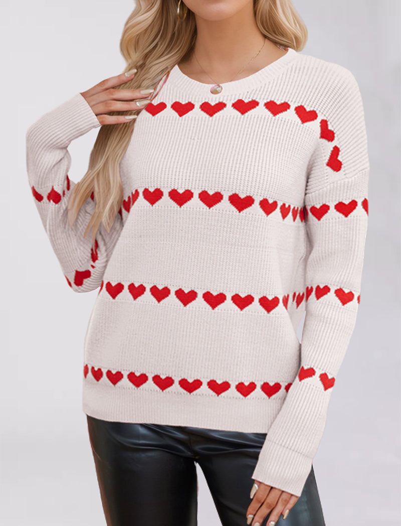 Striped Heart Print Pullover Sweater