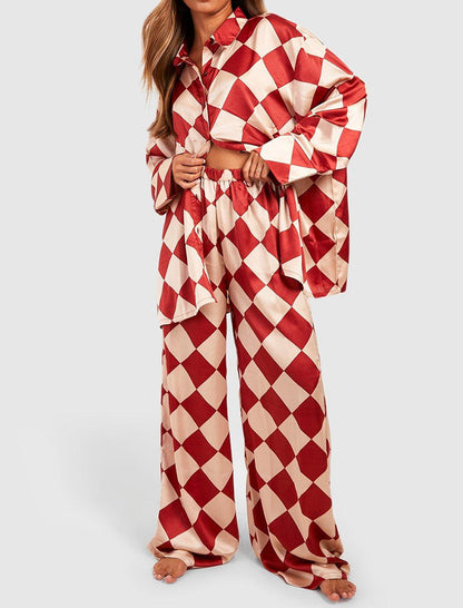 Checkerboard Print Satin Pajama Set