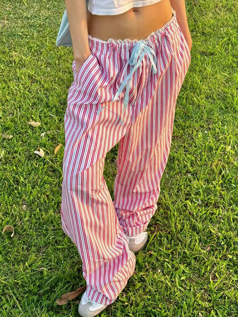 Drawstring Striped Wide-Leg Pants