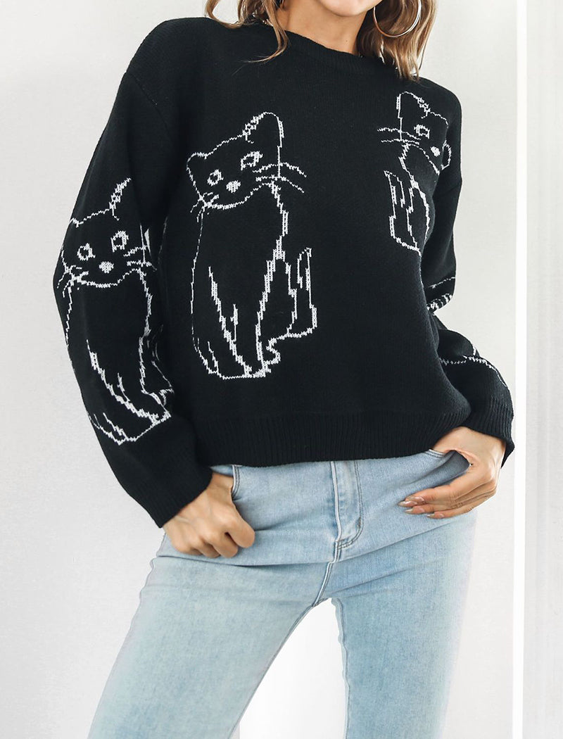 Cat Graphic Knitted Pullover Sweater