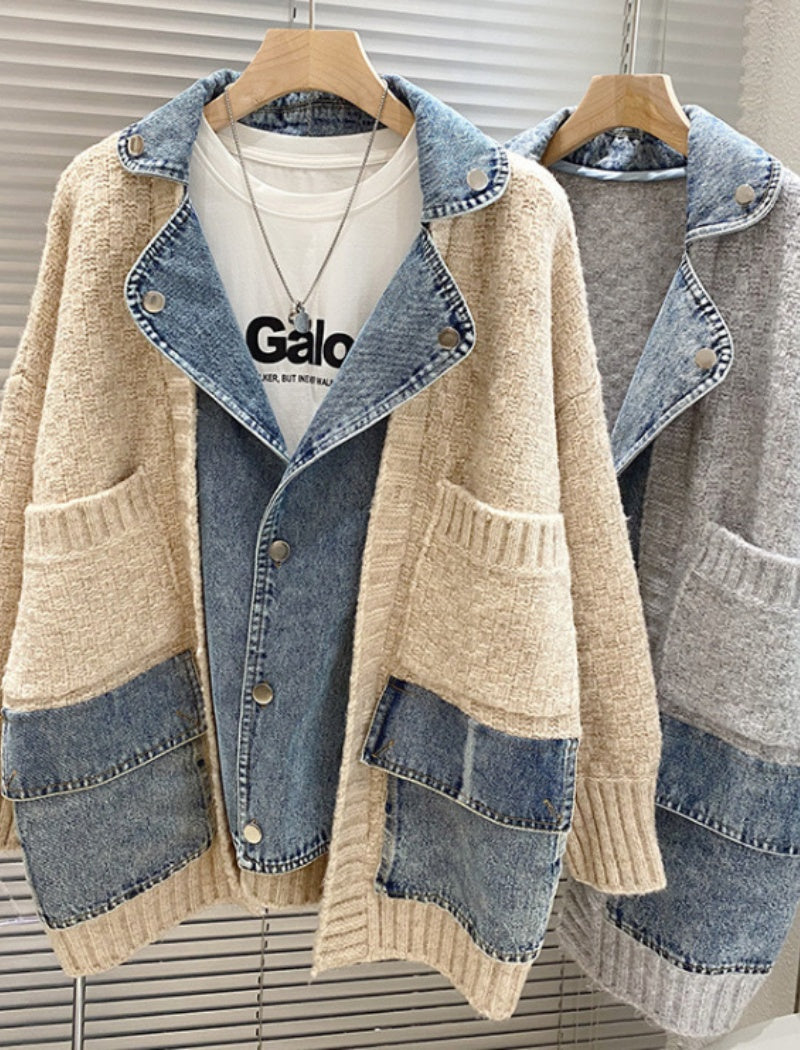 Oversized Knit Cardigan with Denim Panels