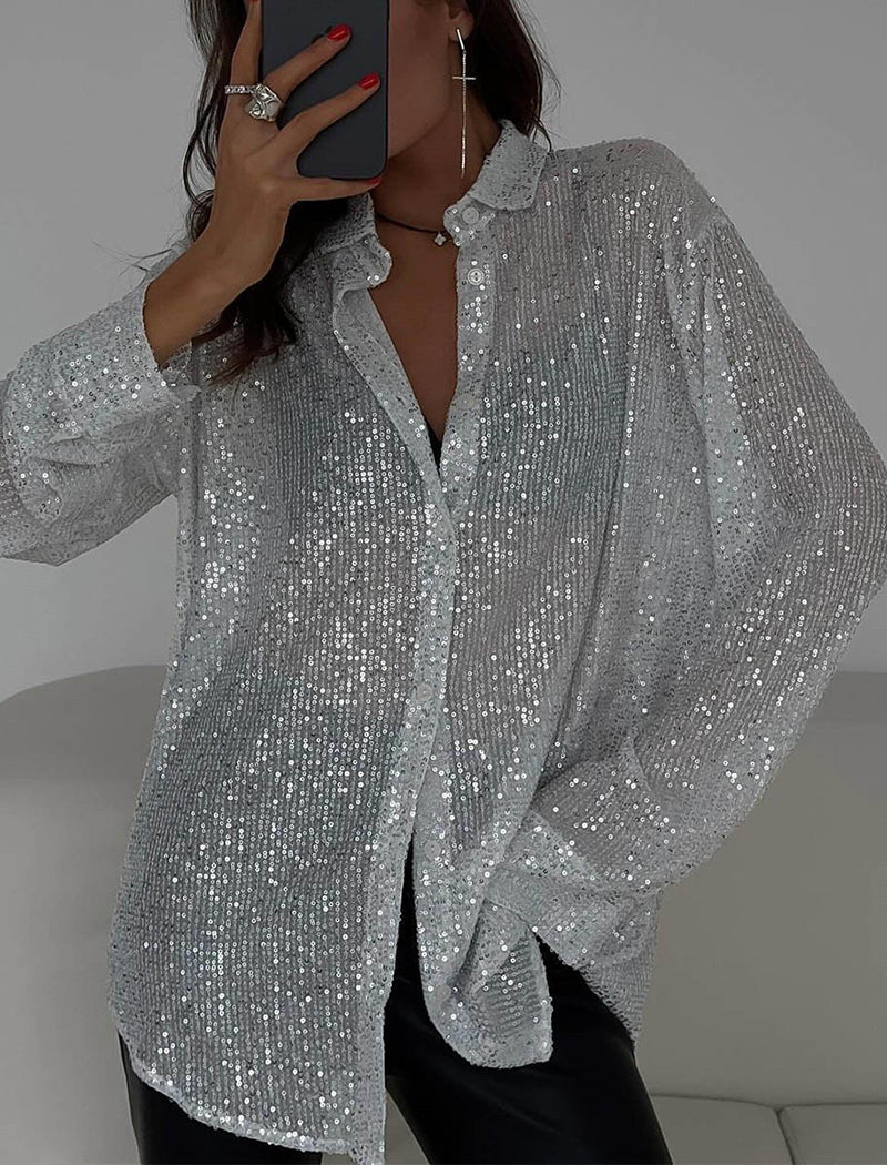 Sequin Button-Up Long-Sleeve Shirt