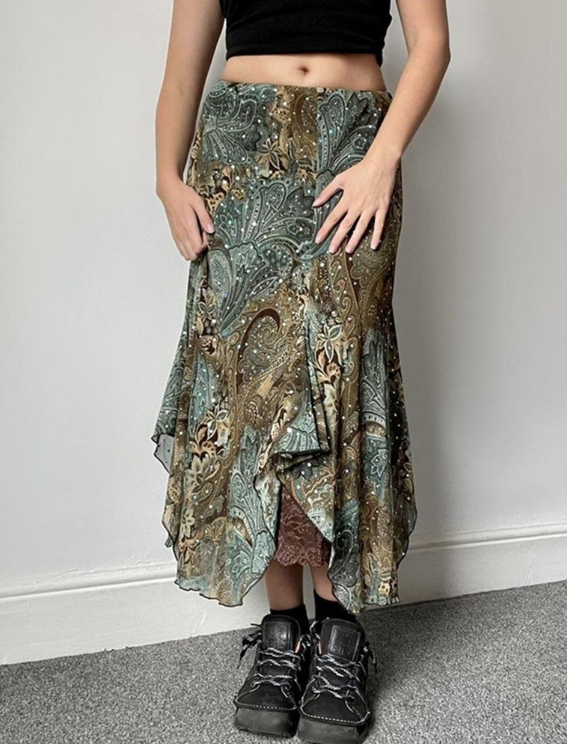 Asymmetrical Paisley Midi Skirt