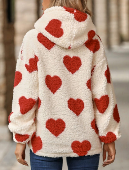 Heart Print Plush Pullover Hoodie