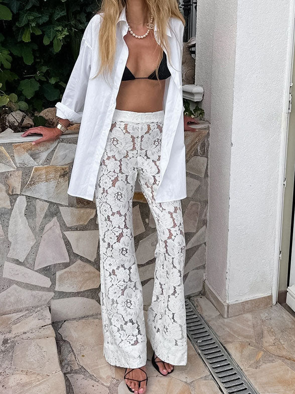 High-Rise Sheer Lace Flare Pants