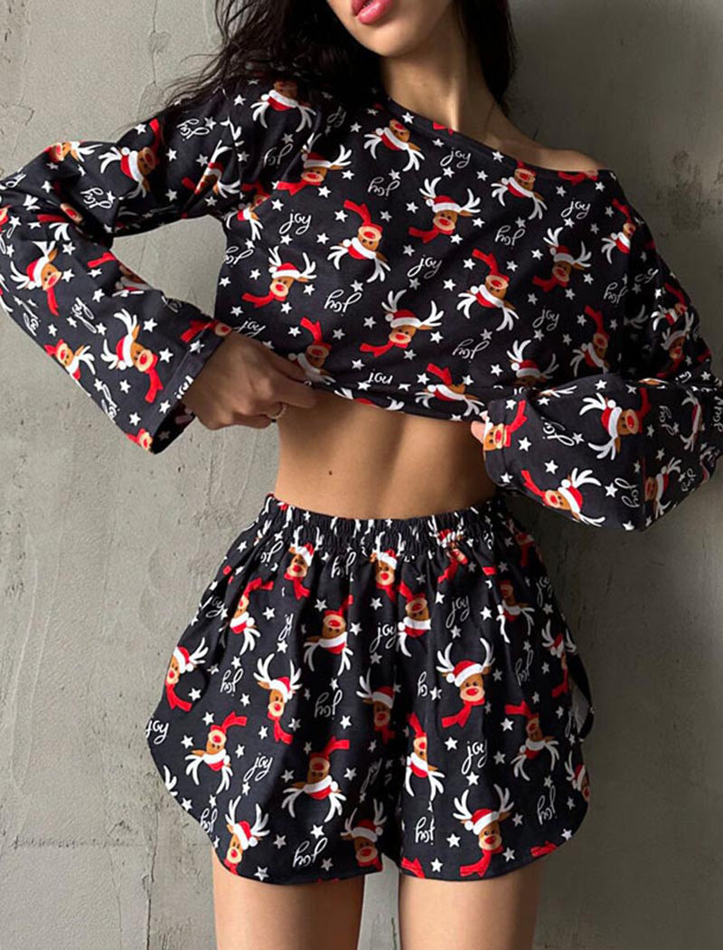 Christmas Elk Printed Crop Top and Shorts Set