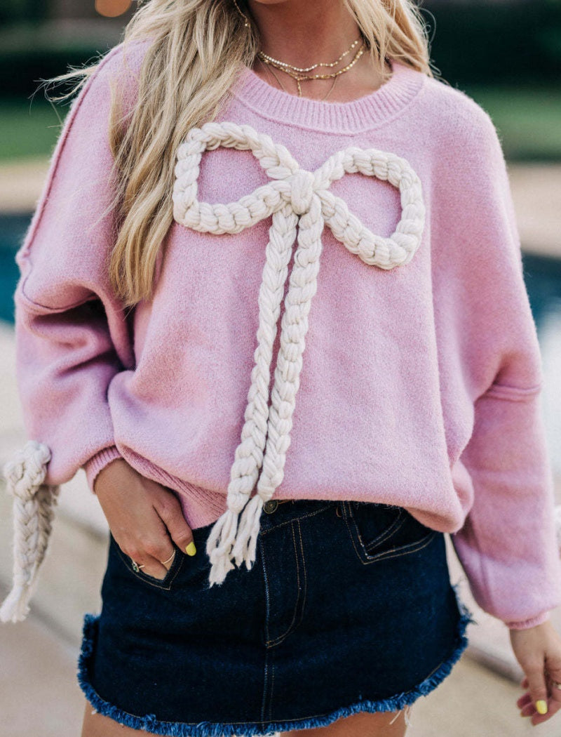 Oversized Sweater with Braided Bow Accent