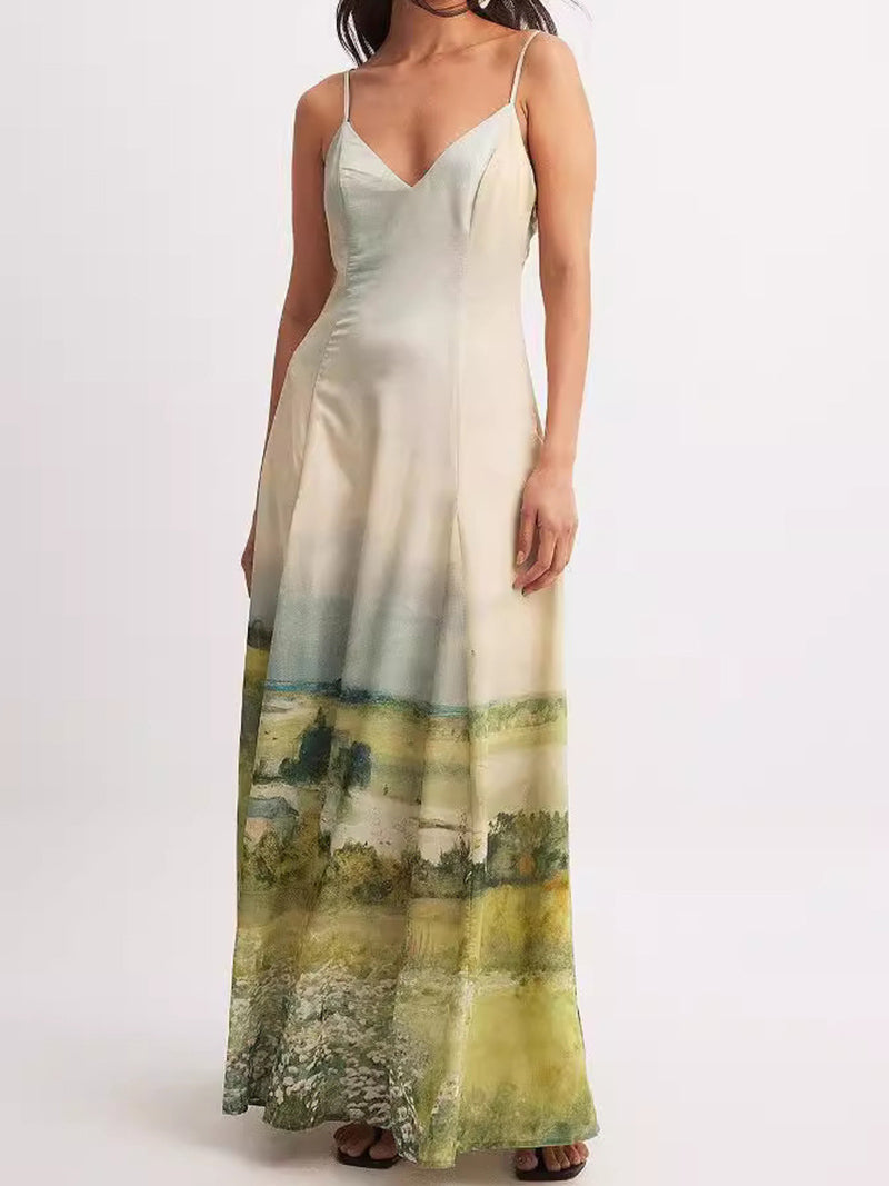 Spaghetti Strap Landscape Print Maxi Dress