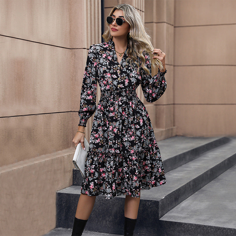 Floral Print Long Sleeve Midi Dress