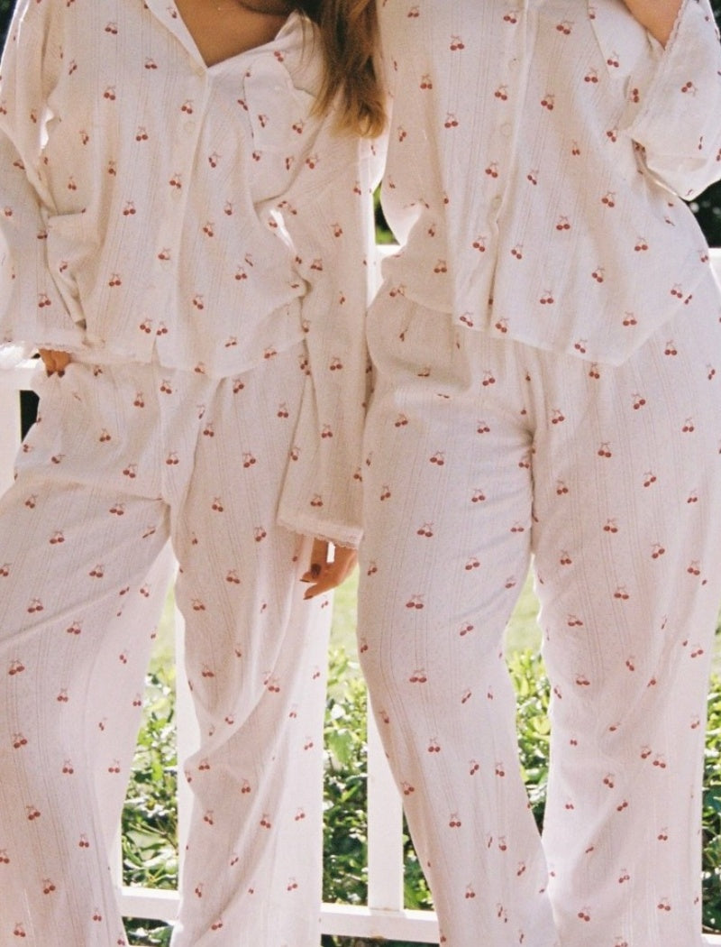 Cherry Print Button-Front Pajama Set