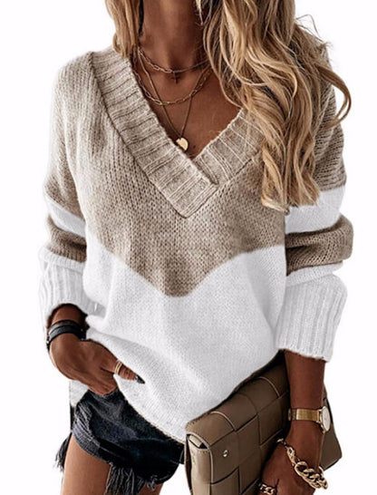 Leopard Print V-Neck Sweater with Colorblock Design