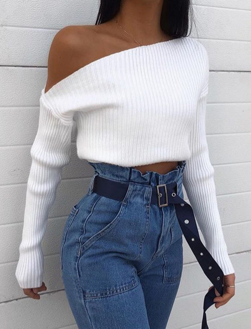 Off Shoulder Ribbed Long Sleeve Top