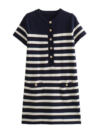 Crew Neck Striped Knit Short-Sleeve Dress