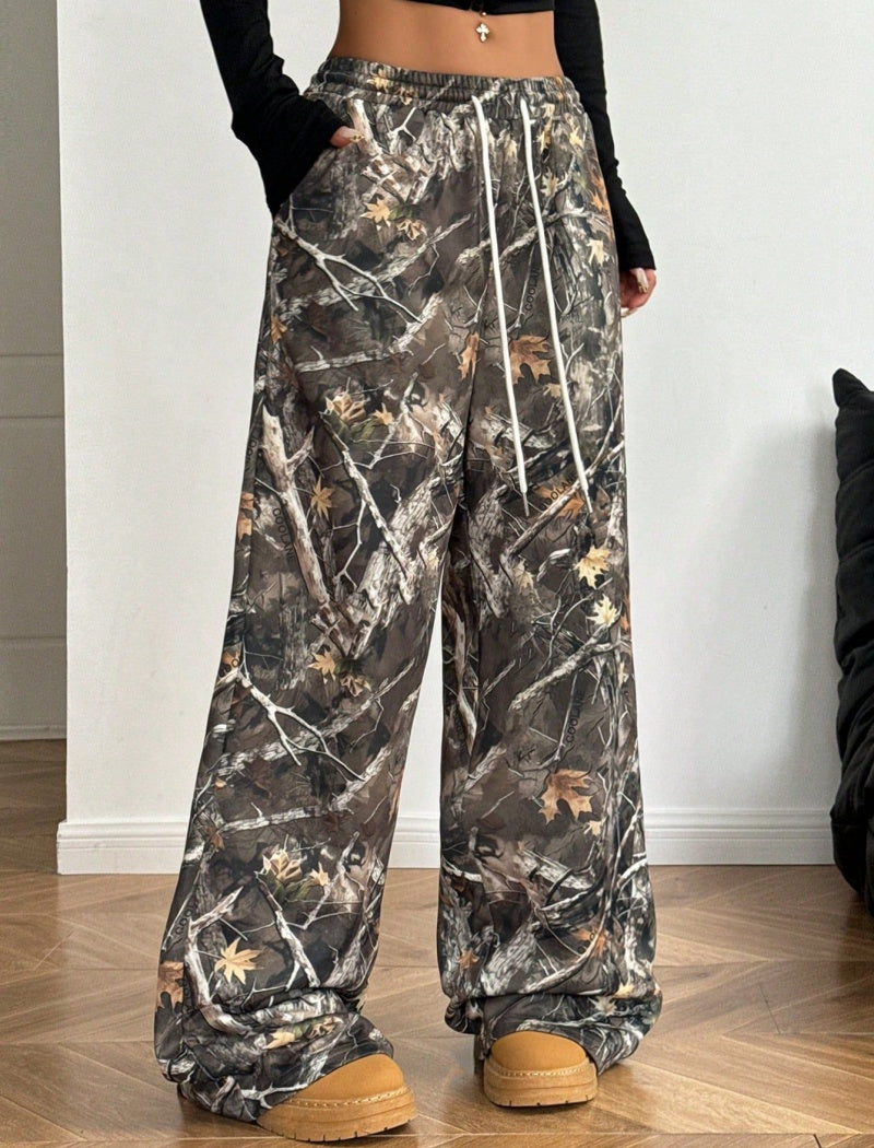 Wide-Leg Camo Printed Drawstring Pants