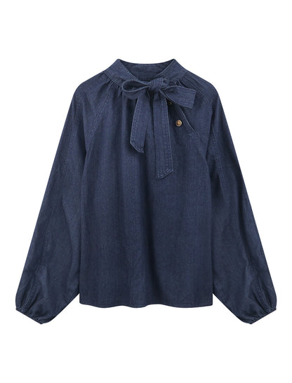 Puff Sleeve Denim Bow Tie Top