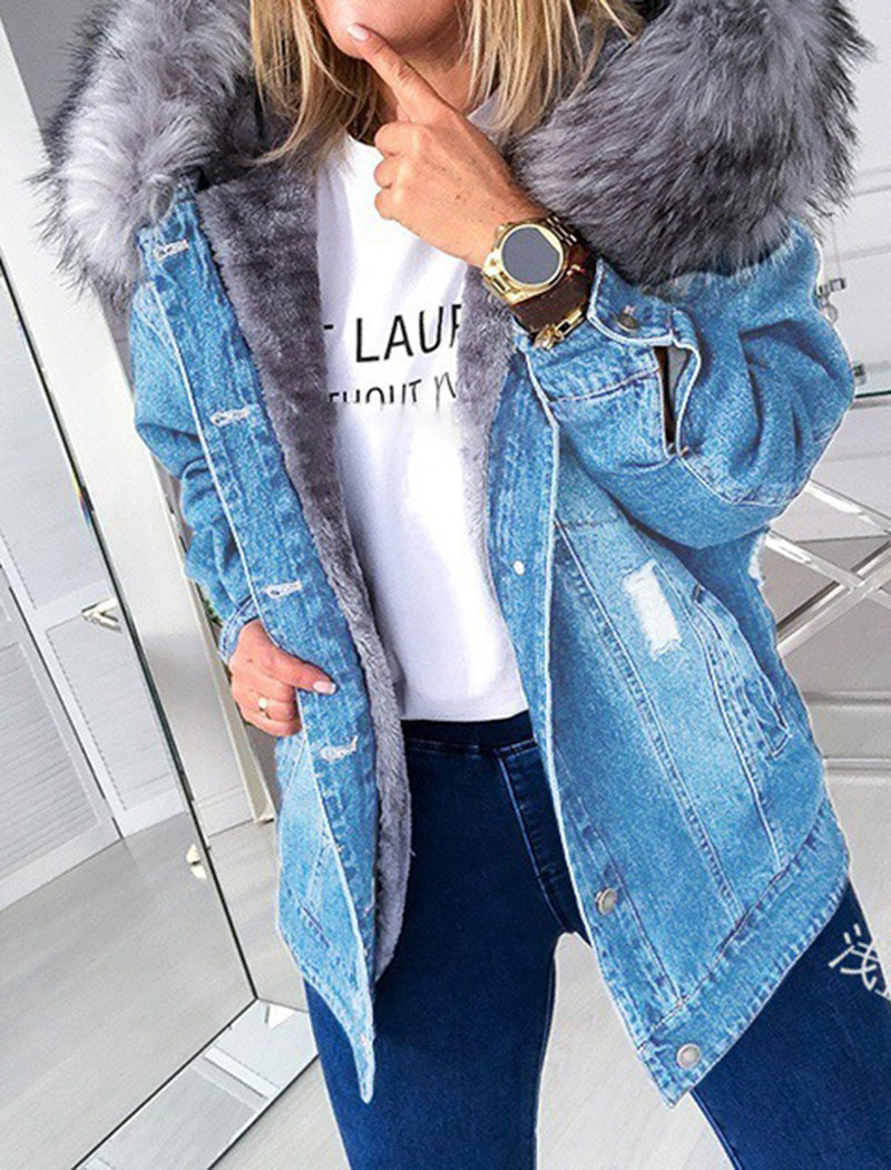 Denim Jacket with Faux Fur Trim Hood