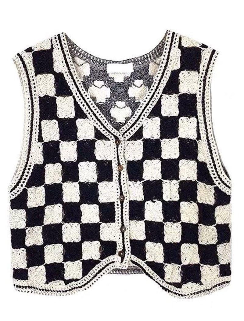 Crochet Checkered Button-Up Vest