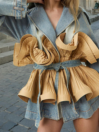 Colorblock Ruffled Belted Denim Jacket