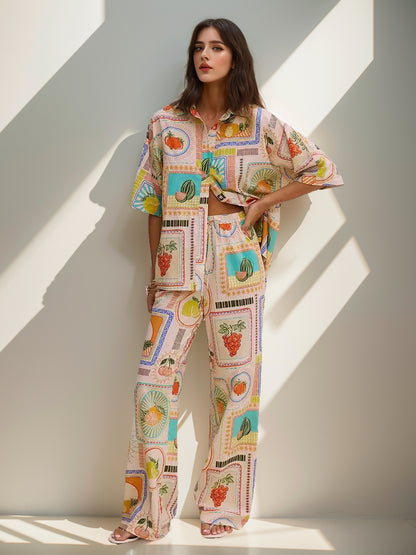 Fruit Print Shirt and Pants Set