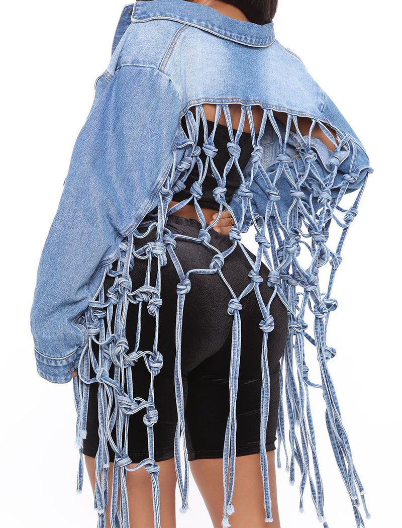 Fringe Mesh Back Denim Jacket