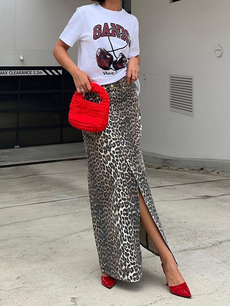 Leopard High-Waisted Split-Hem Midi Skirt