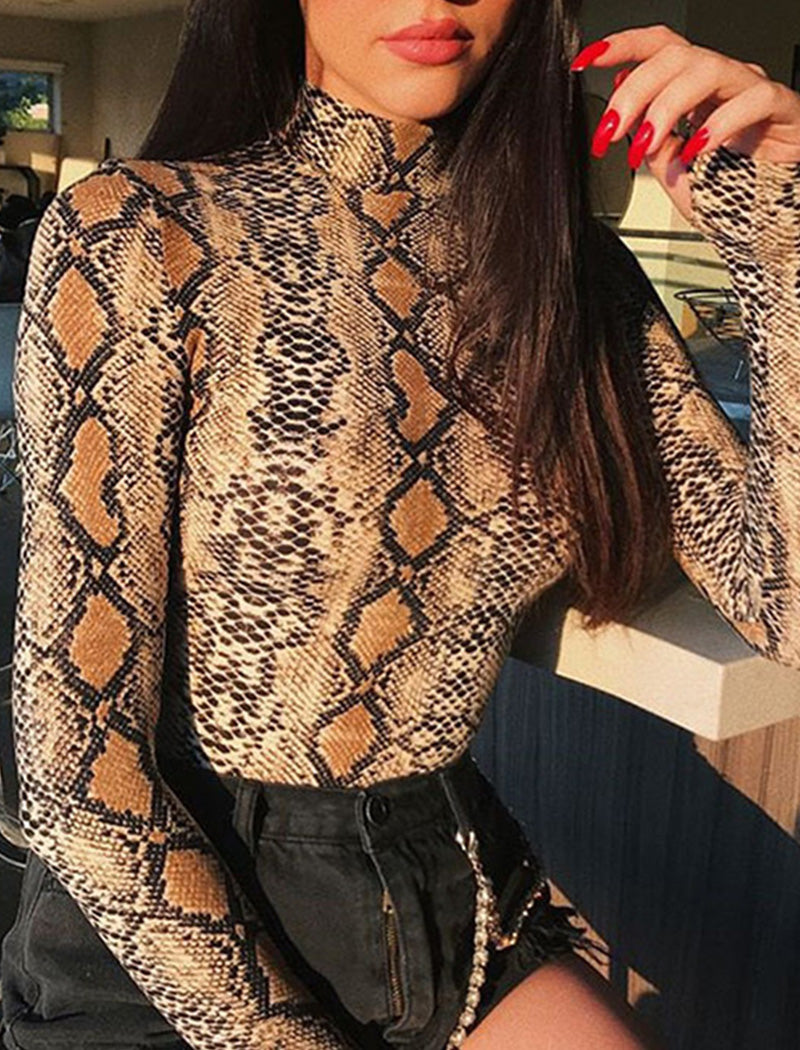 Snakeskin Print Long-Sleeve Bodysuit