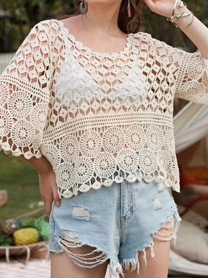 Crochet Hollow-Out Top with 1/2 Sleeve