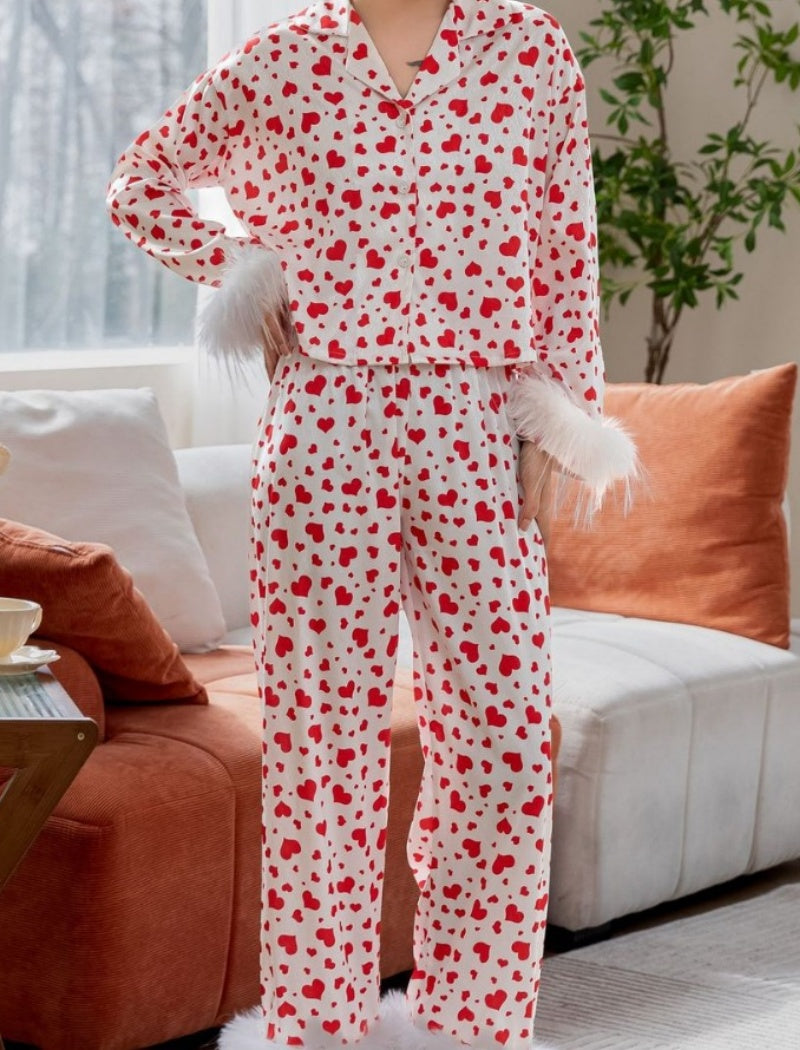 Long-Sleeve Heart Print Crop Pajama Set