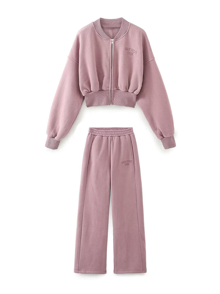 Zip-Up Crop Jacket and Wide-Leg Pants Set