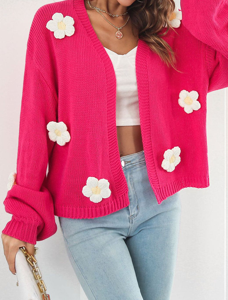 3D Flower Lantern Sleeve Knit Cardigan