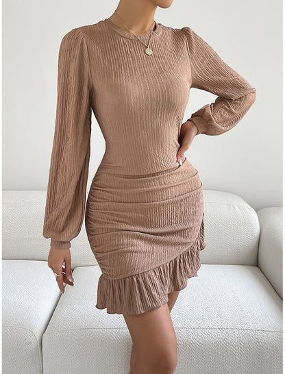 Ruched Long Sleeve Dress with Ruffled Hem