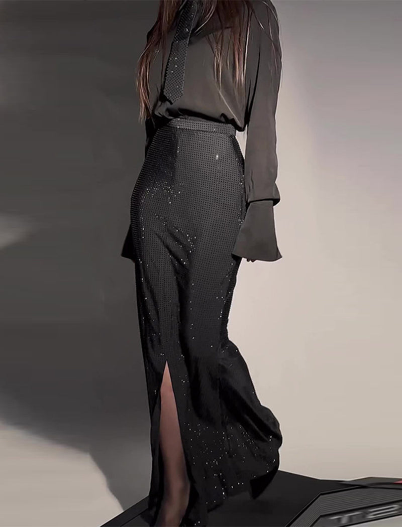 Bell Sleeve Top and High-Slit Sequined Maxi Skirt Set