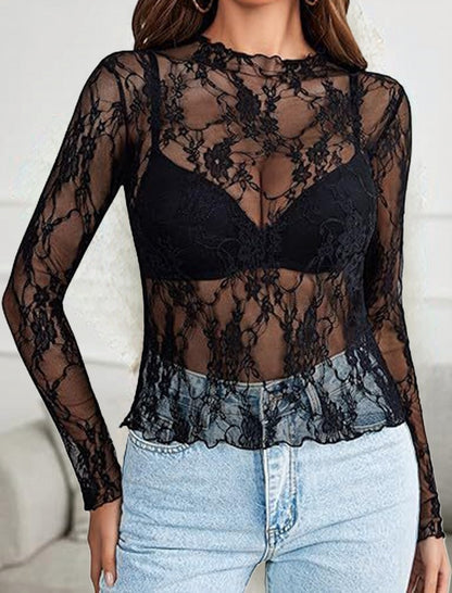 Sheer Floral Lace Long Sleeve Top