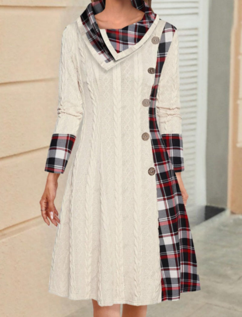 Plaid Accent Knit Button-Front Dress