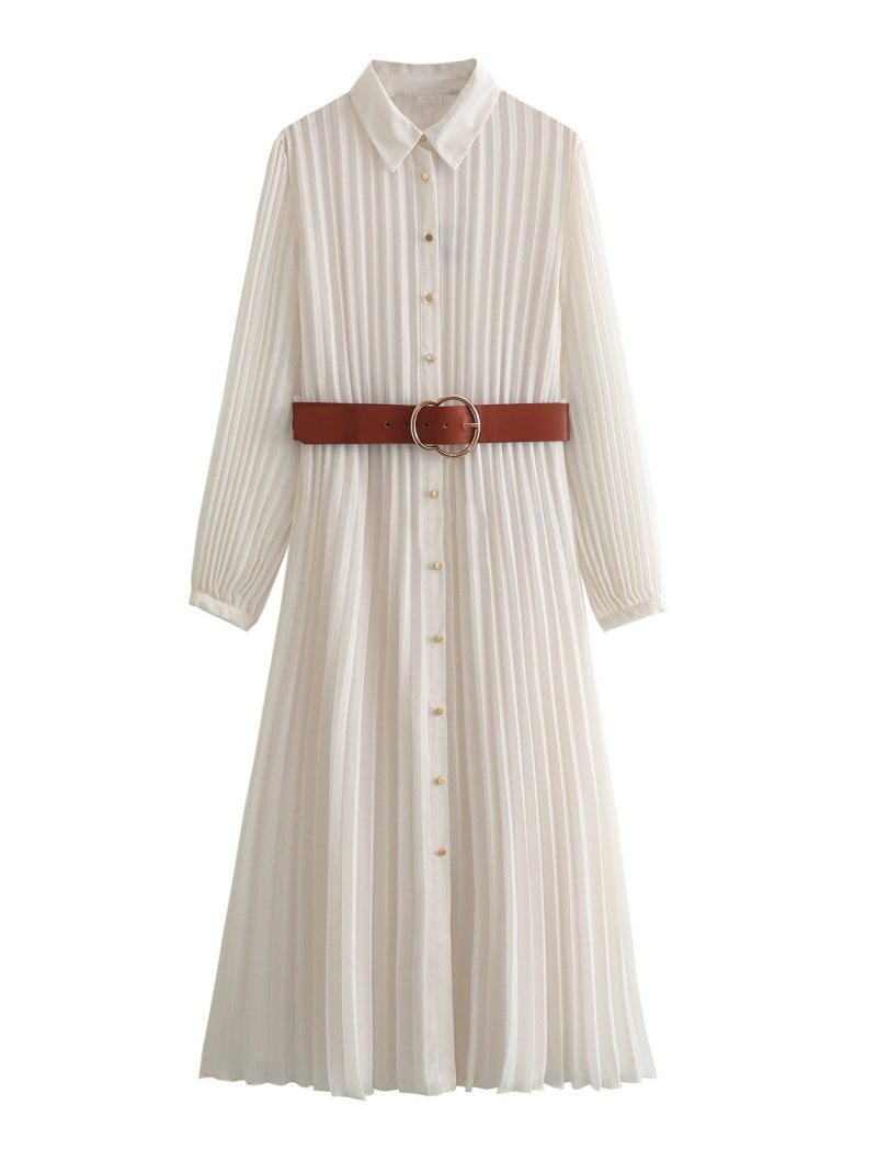 Pleated Shirt Dress with Belt